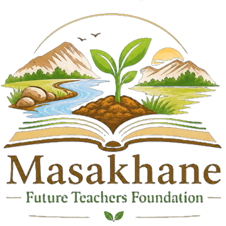 Logo van de Masakhané Future Teachers Foundation met een boek en een zaadplantje.